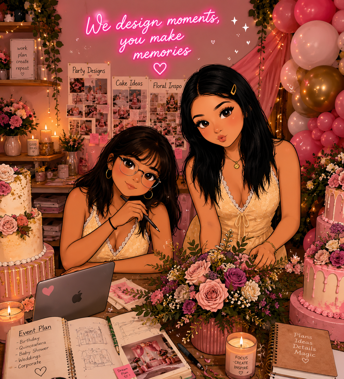 N&W Sweet Celebrations event stylists planning at a decorated desk with cakes, balloons and roses